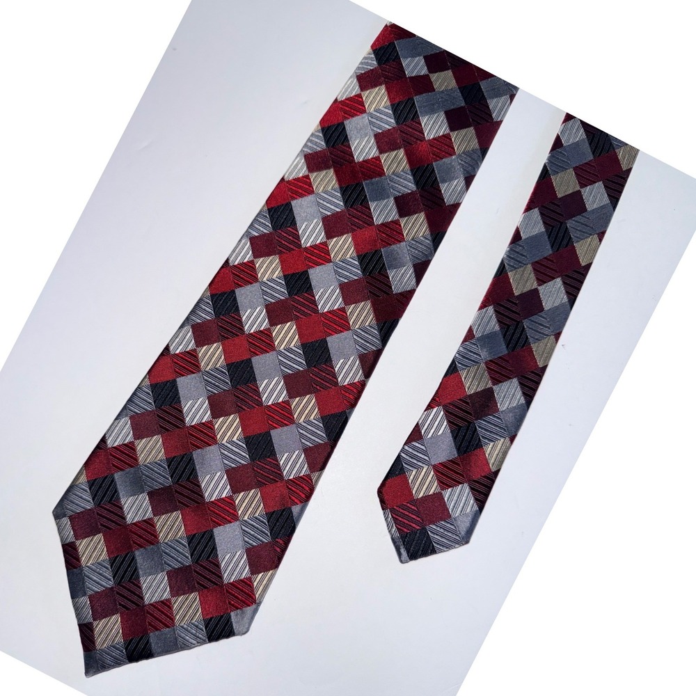 Geoffrey Beene Men Necktie Red Grey Black Silk Geometric Check Dressy Officewear
